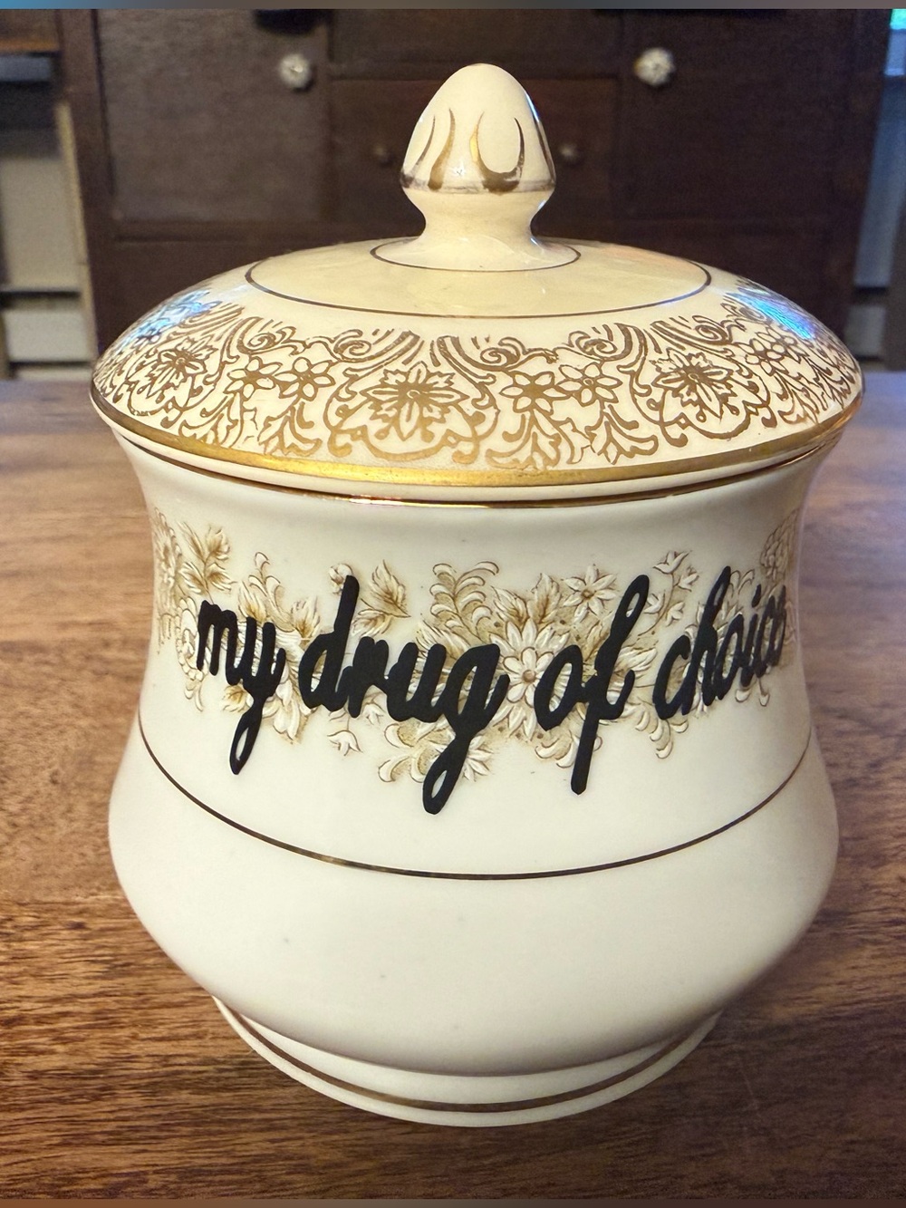 Upcycled Vintage White & Gold Ceramic Storage Jar with Lid, “My Drug of Choice”